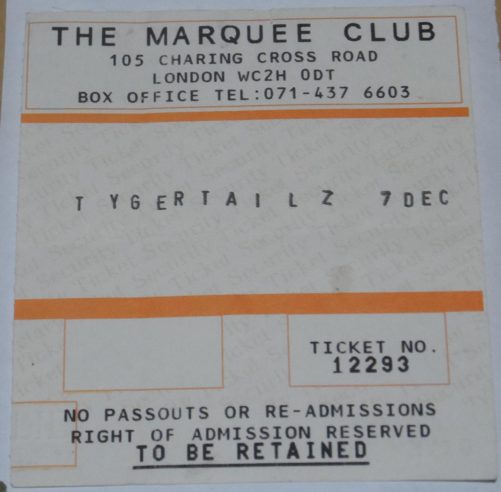 Tigertailz Ticket Stub Marquee Club London UK Welsh Glam Rock Charing Cr... - $8.75