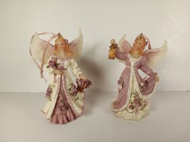 2 Christmas Angel Tree Ornaments with Bouquet/Lantern Glitter Wing Gown Accents - £9.31 GBP