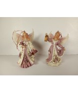 2 Christmas Angel Tree Ornaments with Bouquet/Lantern Glitter Wing Gown ... - £9.16 GBP