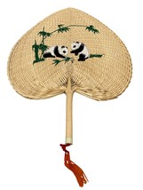 Handwoven Bamboo Fan With Embroidered Panda Design &amp; Red Tassel - $14.40