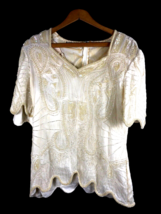 Vtg 70s Scala Beaded Embellished Top Silk Ivory White Medium Holiday Party - £27.87 GBP