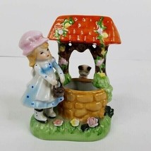 Vintage Figurine Girl Wishing Well 5&quot; x 4&quot; Cat Flowers Handpainted Gloss... - £6.96 GBP