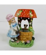 Vintage Figurine Girl Wishing Well 5&quot; x 4&quot; Cat Flowers Handpainted Gloss... - $8.79