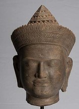 Antique Banteay Srei Style Stone Mounted Khmer Vishnu Head - 57cm / 23&quot; - £2,465.78 GBP