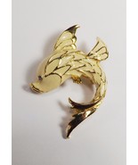 Vintage  Enameled Fish  Pin Cream & Brass/Gold Tone Color Rhinestone Eye - $6.62