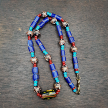 #96 Blue Chevron and White Heart Venetian Beads African Glass Beads Necklace - £38.20 GBP