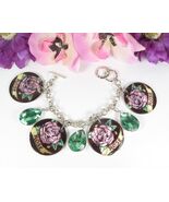 MOP Shell PINK ROSE Vintage CHARM BRACELET Green Pear Gems Silvertone 7-8&quot; - $30.34 CAD
