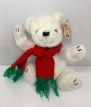 SKM Plush Toys small 8&quot; white stuffed teddy polar bear red green Christmas scarf - £9.48 GBP