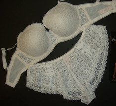 Victoria&#39;s Secret 34C,34DDD BRA SET+M shorts+panty COCONUT white lace up... - $79.19