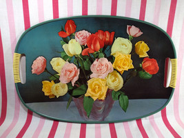 Mid Mod 1960s Holmar Lacquer Ware ROSES Graphic Avocado GRN Backing Serv... - £23.22 GBP