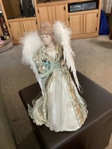 Vintage 15&quot; Christmas Tree Topper Angel with Harp Silver, Gold, White - £13.16 GBP