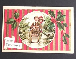 A Merry Christmas Scenic View Kids Sledding Gold &amp; Red Embossed Postcard... - £15.97 GBP
