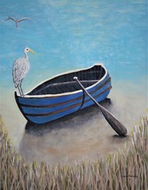 Painting Seascape Heron Original Art Egret Bird Birds Herons Ocean Beach Boat - £31.27 GBP