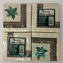 Four Packs 16 Vtg Christmas Party Paper Beverage Cocktail Napkins Holly Plaid - £11.10 GBP