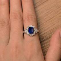 1.75Ct Emerald Cut Blue Sapphire &amp; Diamond Engagement Ring 14K White Gold Over - £59.78 GBP