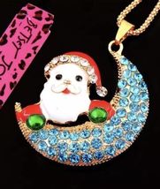 Betsey Johnson Necklace Christmas SANTA Blue MOON Gold Crystals Sterling Silver - £81.34 GBP