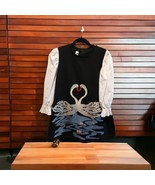 Girls Embroidered White Swans Lily Pads Flowers Black Dress Sz M ~10/12?  - $38.17 CAD