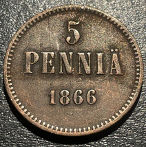 1866 Russia Occupied Finland AE 5 Pennia Grand Prince Alexander II Coin - $19.79