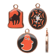 3 pcs Halloween Charms Copper Enamel Assorted Bead Drop Ghost Spiderweb Cat - £3.15 GBP