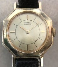 Vtg Seiko Quartz Goldtone Stainless Steel Black Leather Band Womens Wris... - $29.69