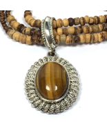 Avon Triple Strand Tigers Eye and Wood Bead Pendant Necklace Brown 18&quot; - £11.15 GBP