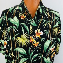 Island Shores Hawaiian Aloha XL Shirt OrchidsPalm Leaves Bamboo Floral Black - £39.83 GBP
