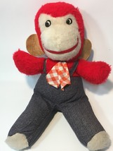 RARE Vintage Monkey Red Plush Chimp Stuffed Ape Animal Toy Gingham Tie 14&quot; - £77.87 GBP