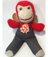 RARE Vintage Monkey Red Plush Chimp Stuffed Ape Animal Toy Gingham Tie 14&quot; - $135.82 CAD