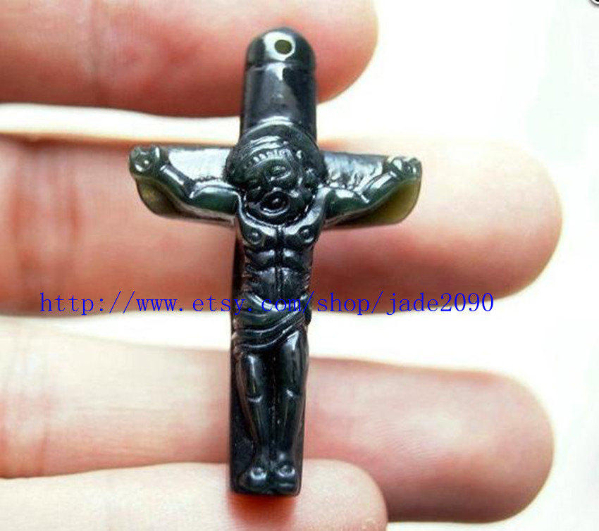 Primary image for Free Shipping - Good luck Hand- carved  natural dark green jade Cross charm  jad