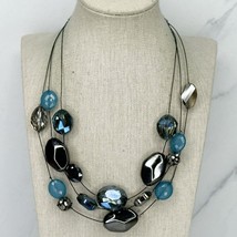Chico&#39;s Blue Beaded Triple Strand Wire Tiered Necklace - £10.11 GBP