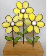 Stained Glass Yellow Flowers Handmade Wood Stand Decor White Green - $16.00