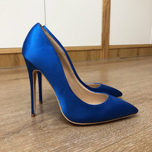 Royal Blue Women Silk Satin Stilettos High Heels Elegant Ladies Fashion Pointed  - £58.08 GBP