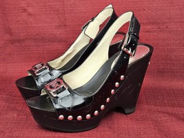 Guess Patent Leather Peep Toe Wedge Heels Womens Size 6 Silver Studded Sides - £23.22 GBP