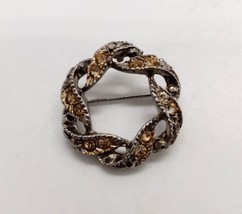 Vintage Silver Tone Brooch Pin Yellow Rhinestones Round Woven Wreath Lap... - £7.90 GBP