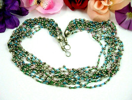 Pink Blue Green Glass Tube Beaded 10 Strands Vintage Necklace Silvertone Beads - $18.99