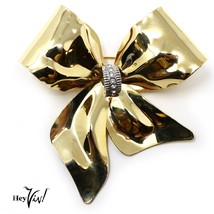 Vintage 3&quot; Gold Bow Pin w Row of Rhinestones - Lively Statement Brooch - Hey Viv - £14.15 GBP