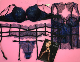 Victoria&#39;s Secret 36D Bra Set+Garter+L+Corset Metallic Blue Foiled Scandalous - £332.36 GBP