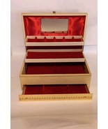 Vintage Jewelry Box Beige/w Gold Accent Red Velvet Interior Green Velvet... - £30.17 GBP