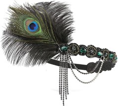 1920s Feather Headband Flapper Headpiece Beaded Gatsby Rhinestone Hair Chain Acc - £27.48 GBP
