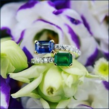 2Ct Emerald Cut Sapphire/ Emerald Half Eternity Wedding Ring 14K Yellow Gold FN - £119.31 GBP