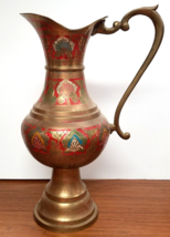 Large Enamel Brass Pitcher Solid Engraved Handmade 20&quot; Stout Gold Red Bl... - $37.95