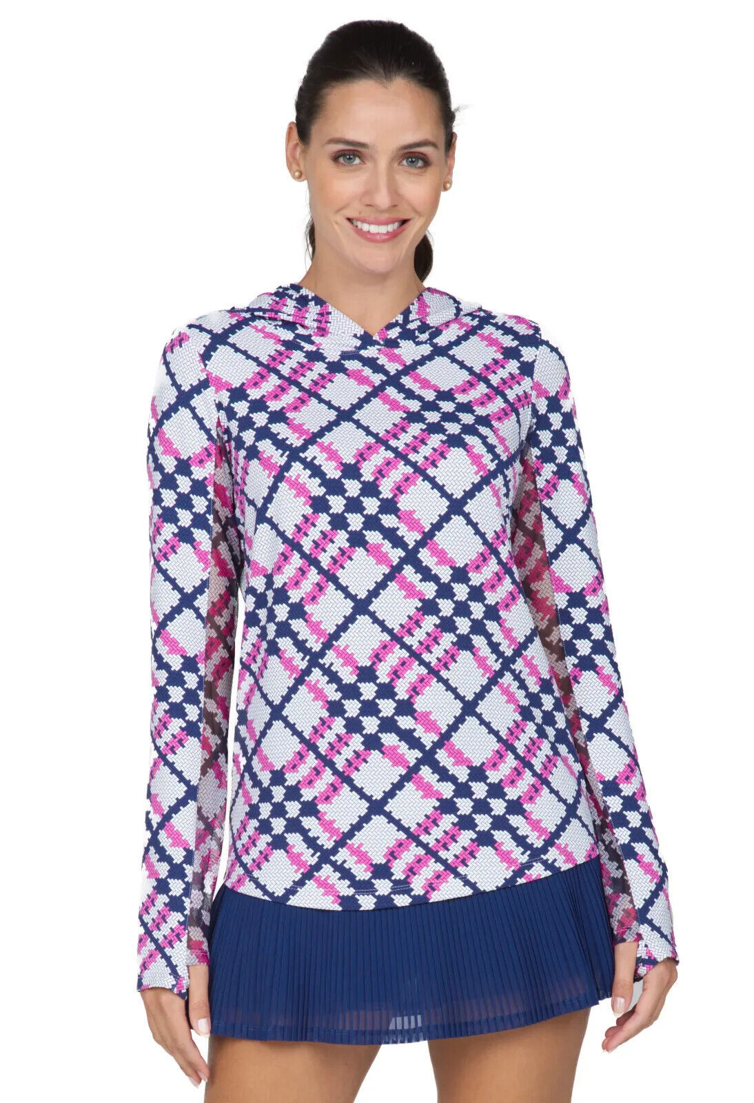 NWT IBKUL Sonika Hot Pink Navy Long Sleeve Hoodie Hoody Golf Shirt S M L XL