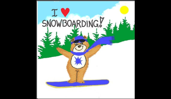 Snowboarding Magnet, winter scene, snow, smling brown bear, blue snowboard, pine - $3.95