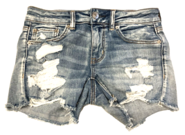 American Eagle Shorts Womens 2 Blue Denim Midi Jean Distressed Hole Lace Pockets - £14.59 GBP
