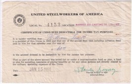 Vintage 1960 United Steelworkers Of America Certificate Of Union Dues 5&quot;... - $2.18