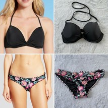 Shade &amp; Shore Ruffle Floral Halter Bikini Swim Set Black Pink 34D Medium Bottom - $29.69