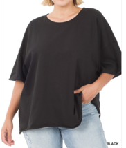 Zenana  1X French Terry Oversized Drop Shoulder Round Neck Raw Hem Tee Black - £11.87 GBP