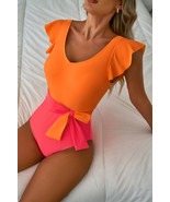 Vitality Orange Color Block Ruffled Knotted Backless One Piece Swimsuit - $15.18