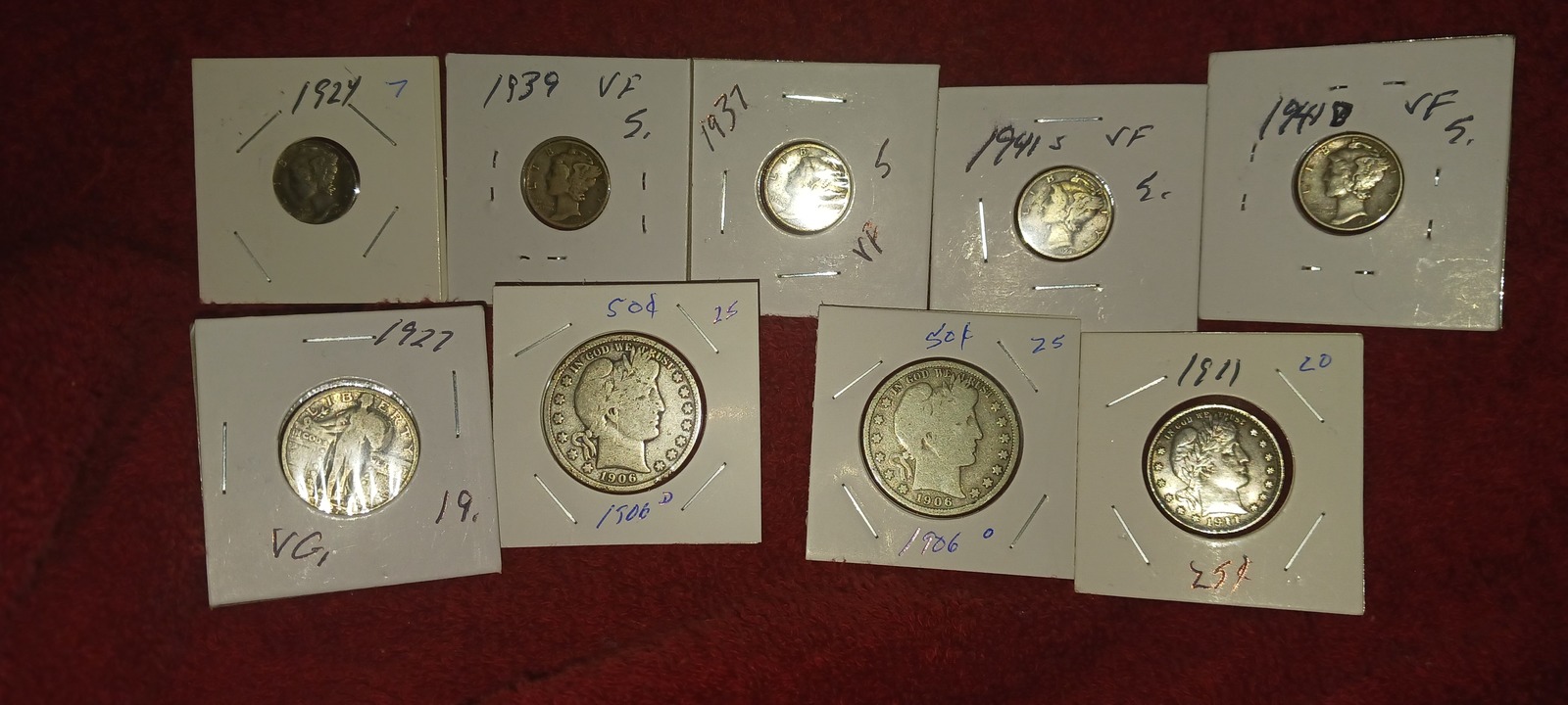 FINE AMERICAN COLLECTION OF 7 US SILVER COINS/2-BARBER HALFS/5 MERCURY 1... - $59.99