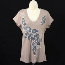 XCVI Womens V-Neck Floral Tee T-Shirt XL  Rhinestone Brown Blue Short Sleeve Art - £28.00 GBP